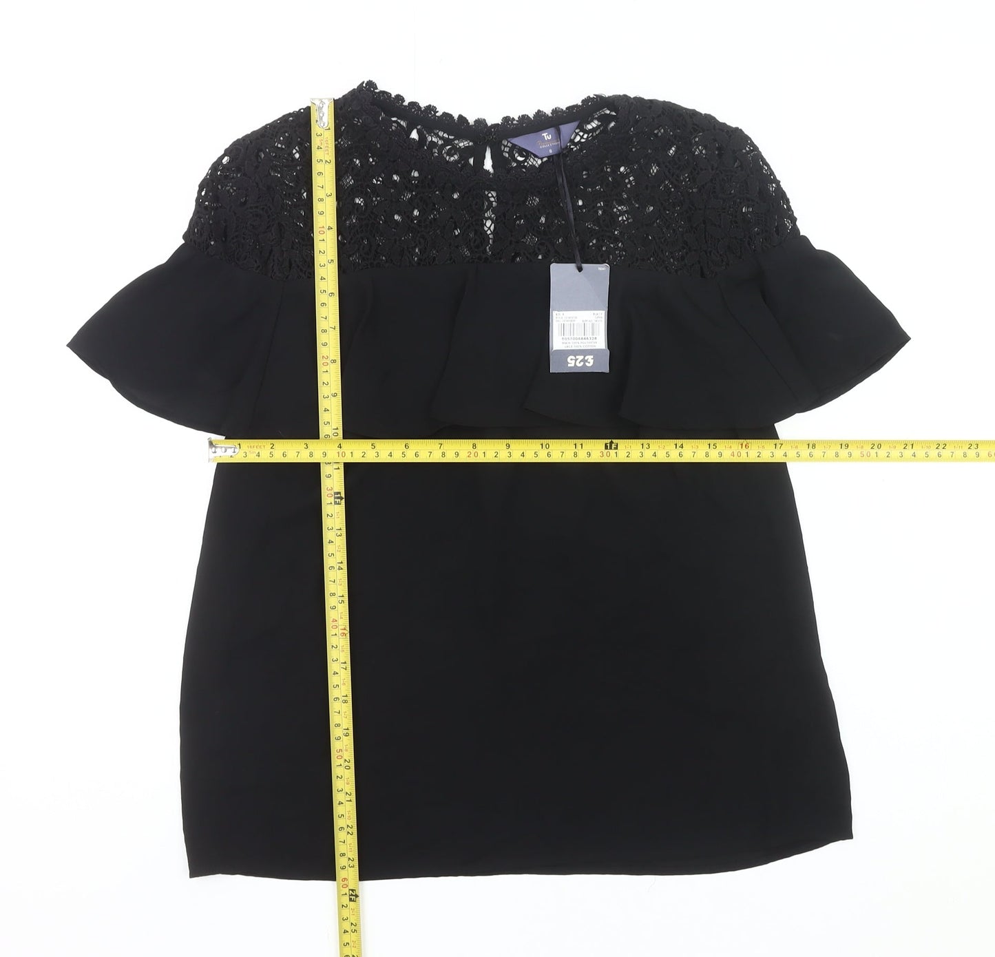 Tu Women’s Black Lace Ruffle Tunic Blouse Size 8 Party Top