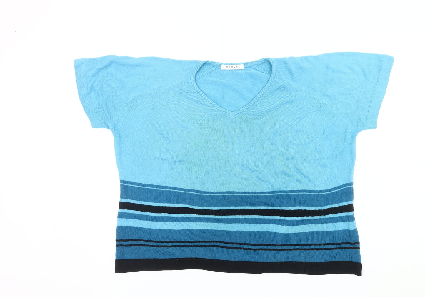 George Women’s Blue Striped V-Neck Short Sleeve Pullover Jumper Size 18