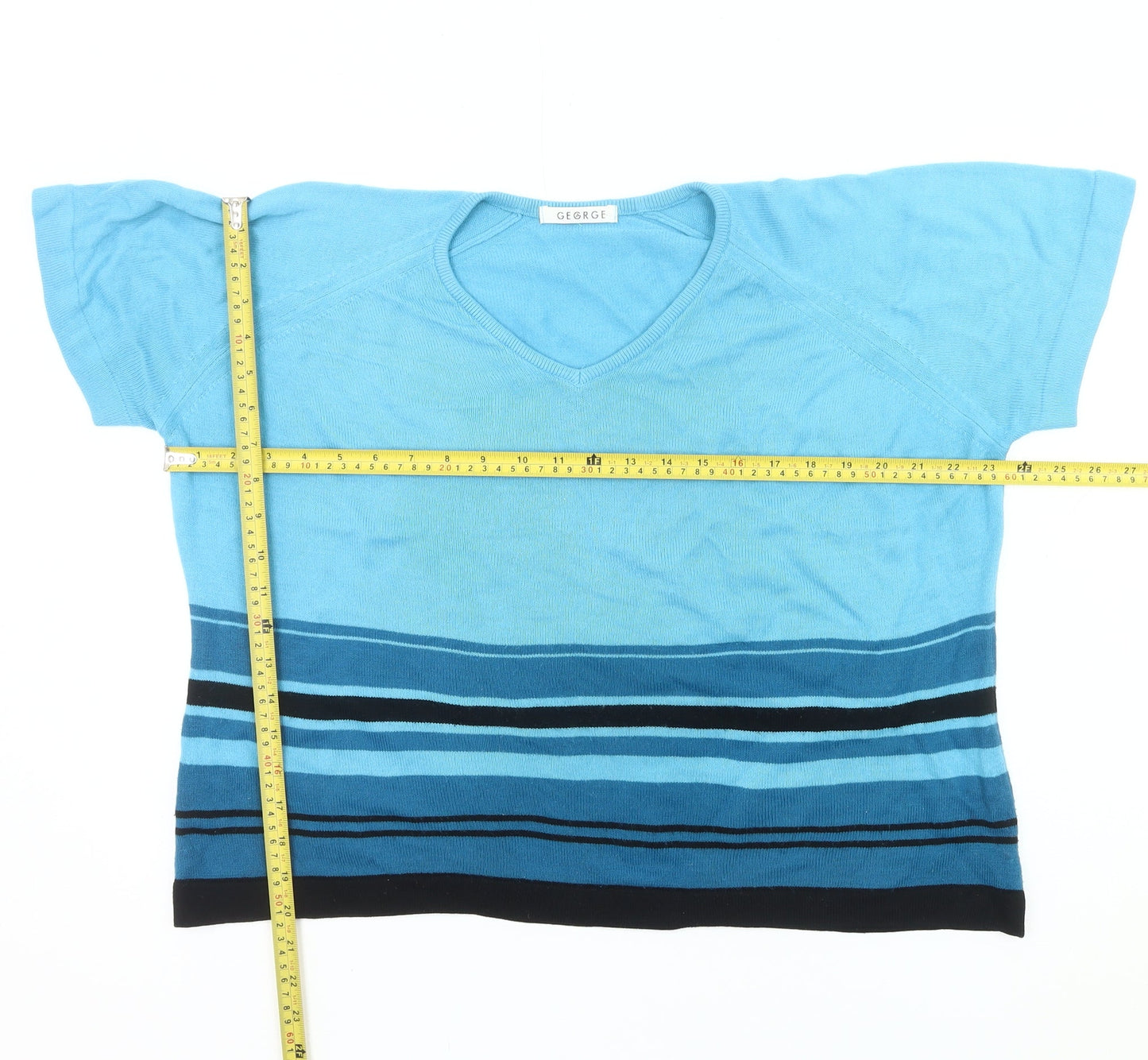 George Women’s Blue Striped V-Neck Short Sleeve Pullover Jumper Size 18