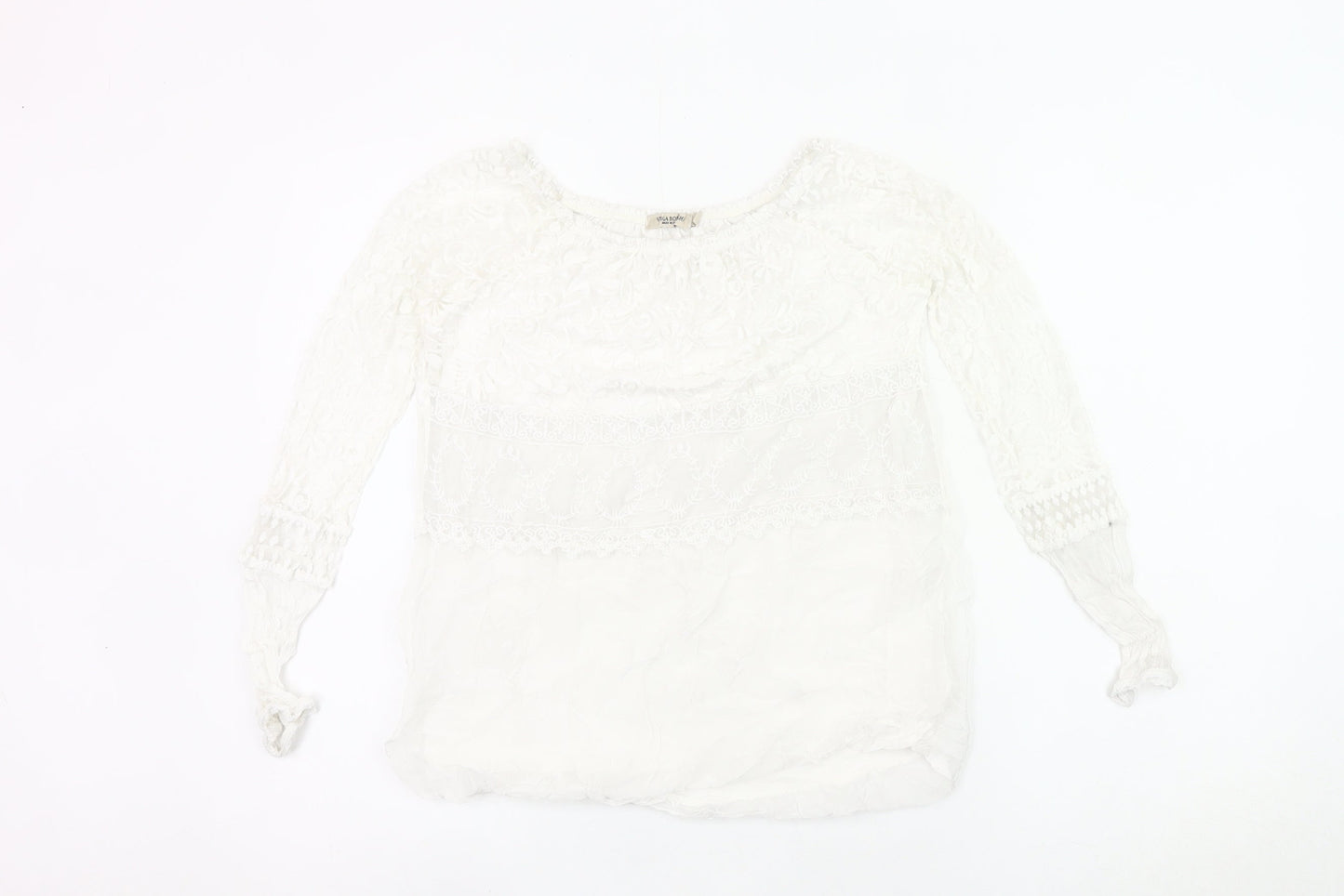 Viola Borghi Women White Lace Blouse Bohemian Embroidered Scoop Neck S