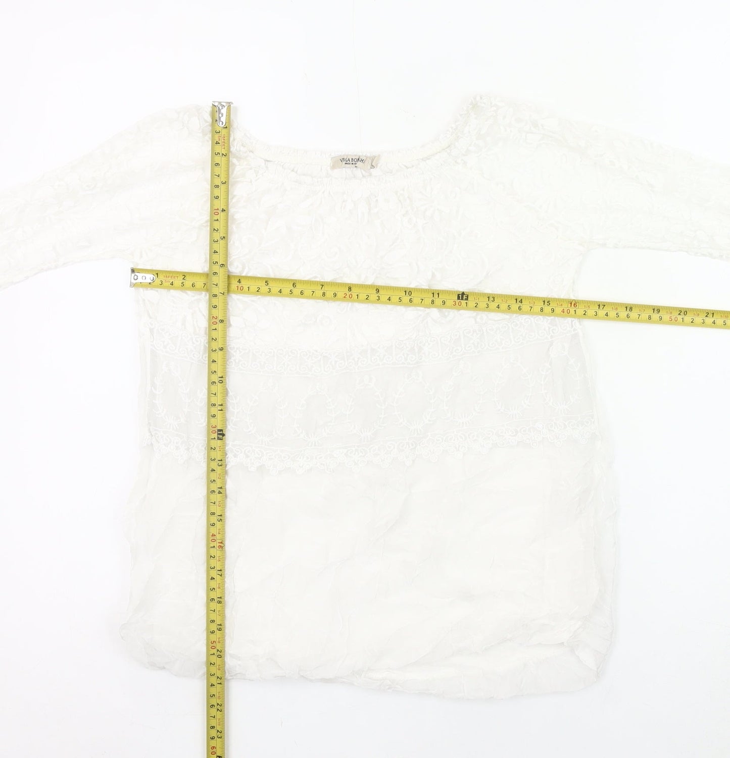 Viola Borghi Women White Lace Blouse Bohemian Embroidered Scoop Neck S