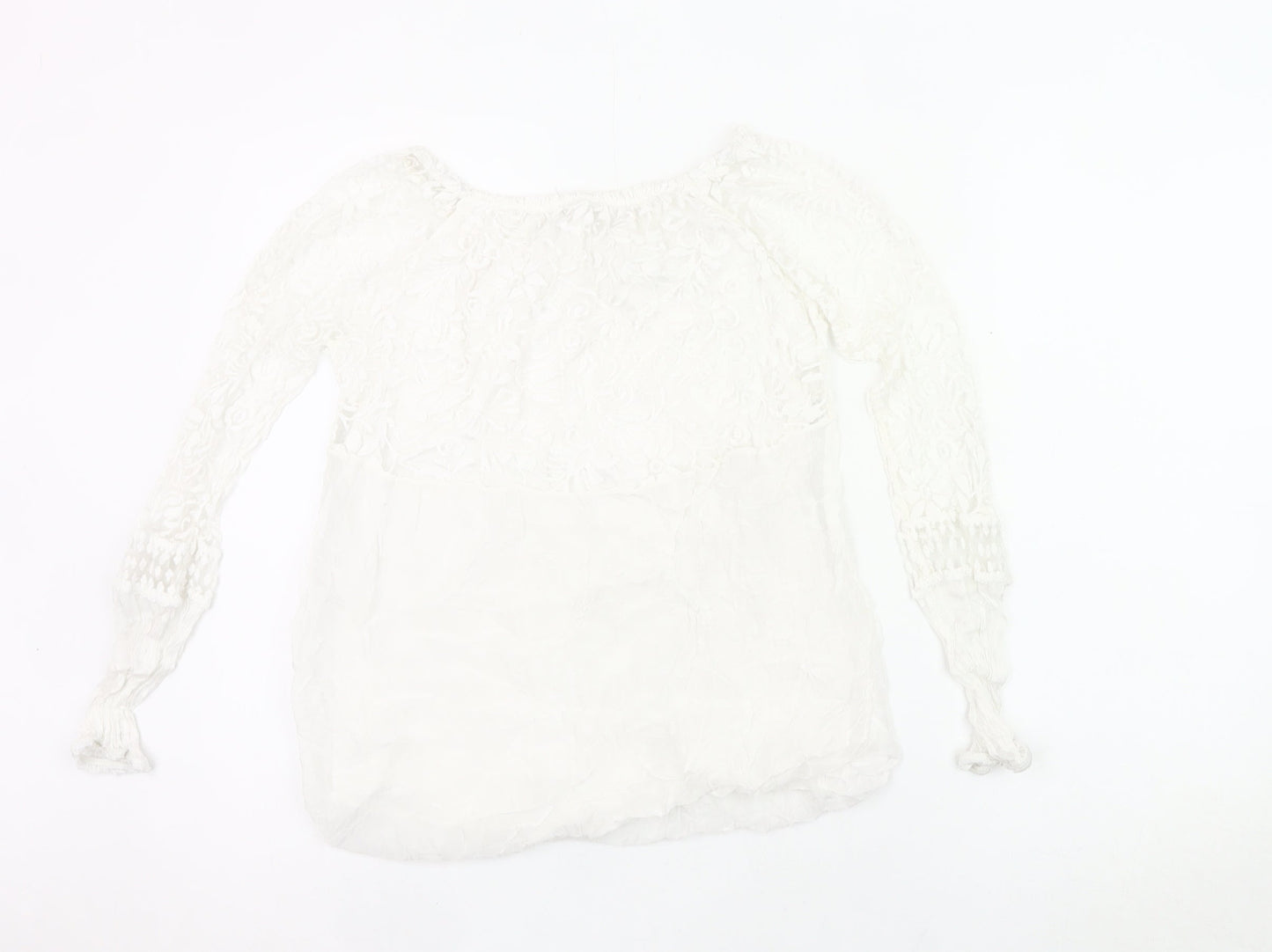Viola Borghi Women White Lace Blouse Bohemian Embroidered Scoop Neck S