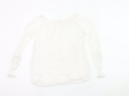 Viola Borghi Women White Lace Blouse Bohemian Embroidered Scoop Neck S