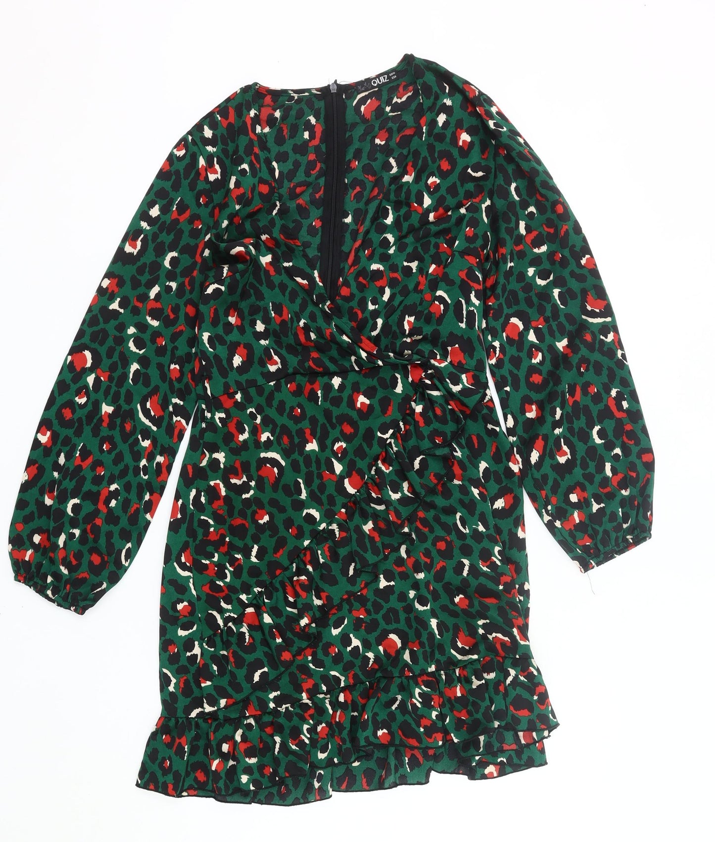 Quiz Womens Green Animal Print Wrap Dress Size 10 Ruffle Party