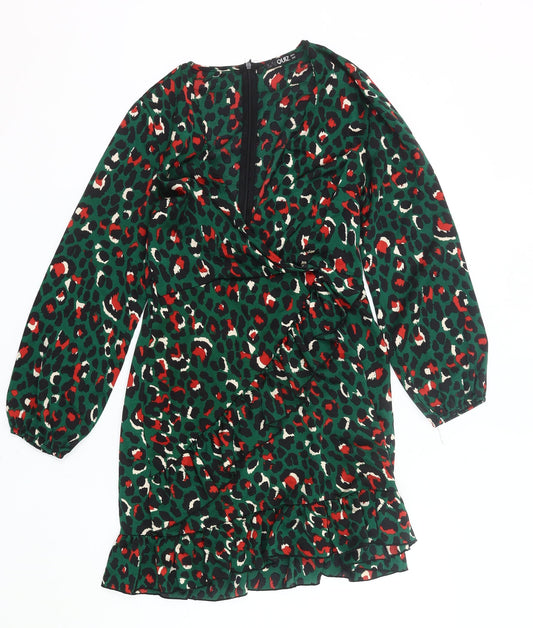 Quiz Womens Green Animal Print Wrap Dress Size 10 Ruffle Party