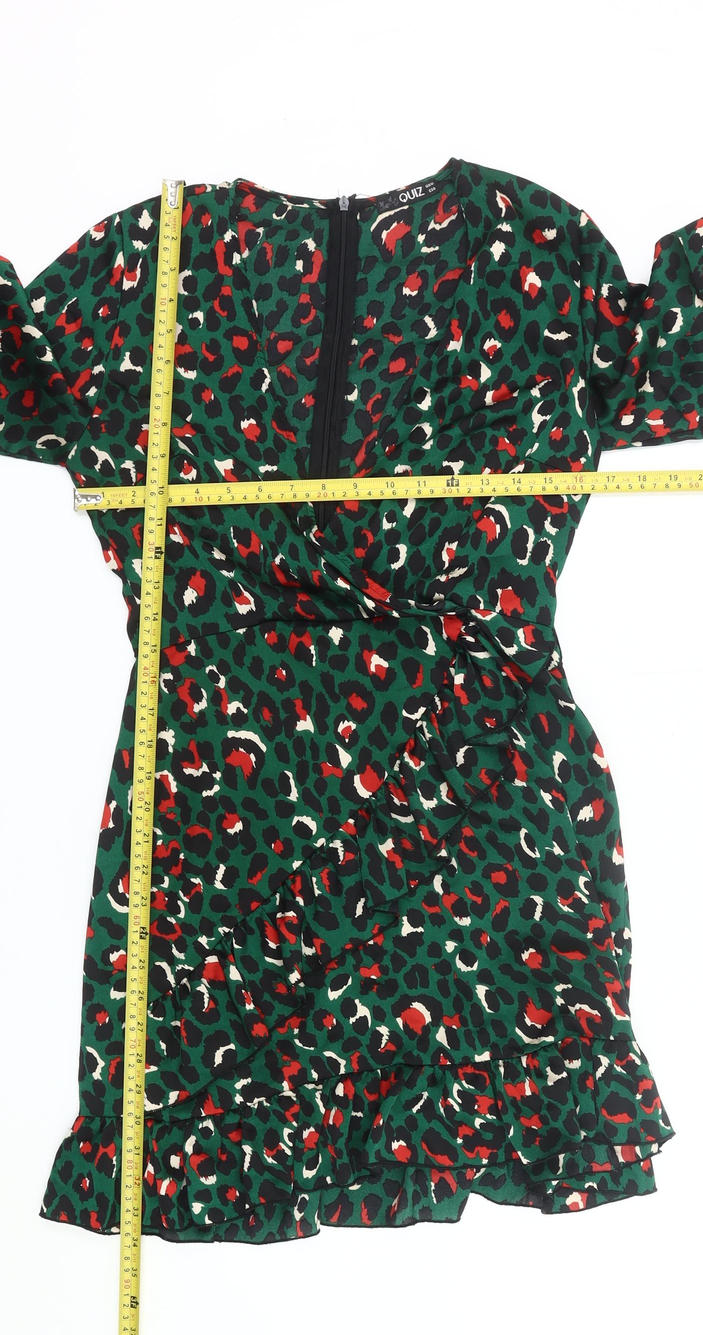 Quiz Womens Green Animal Print Wrap Dress Size 10 Ruffle Party