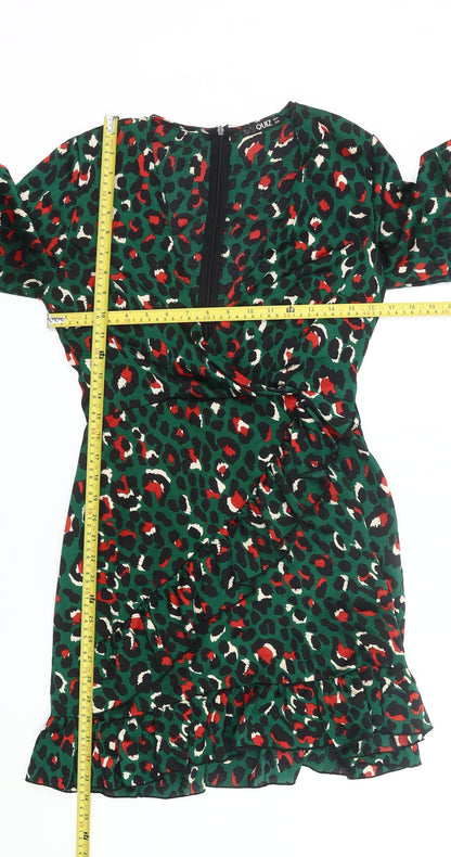 Quiz Womens Green Animal Print Wrap Dress Size 10 Ruffle Party