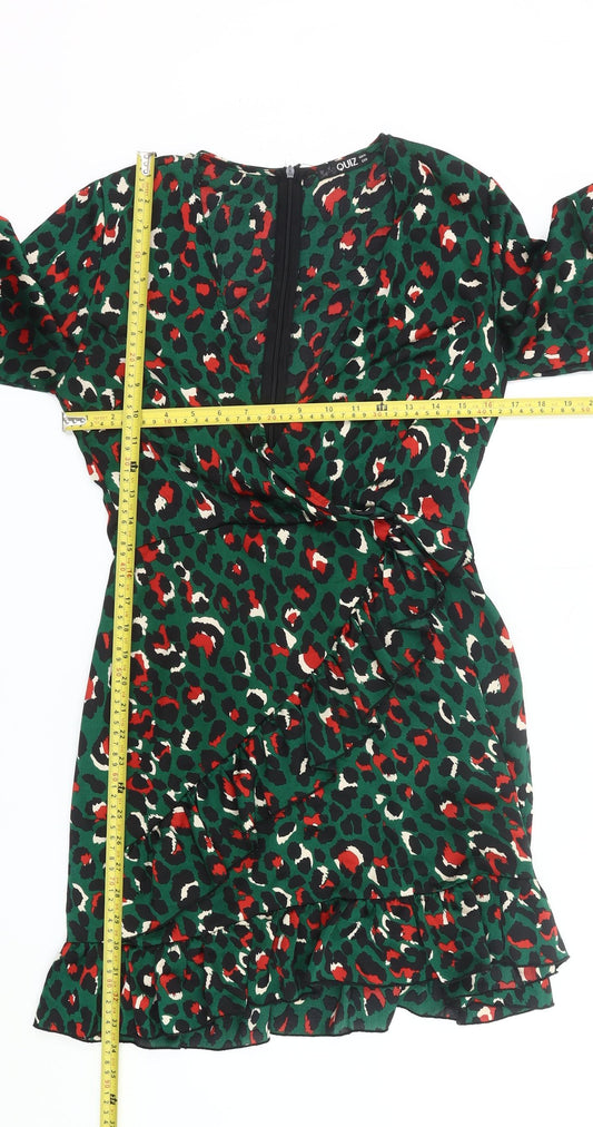 Quiz Womens Green Animal Print Wrap Dress Size 10 Ruffle Party