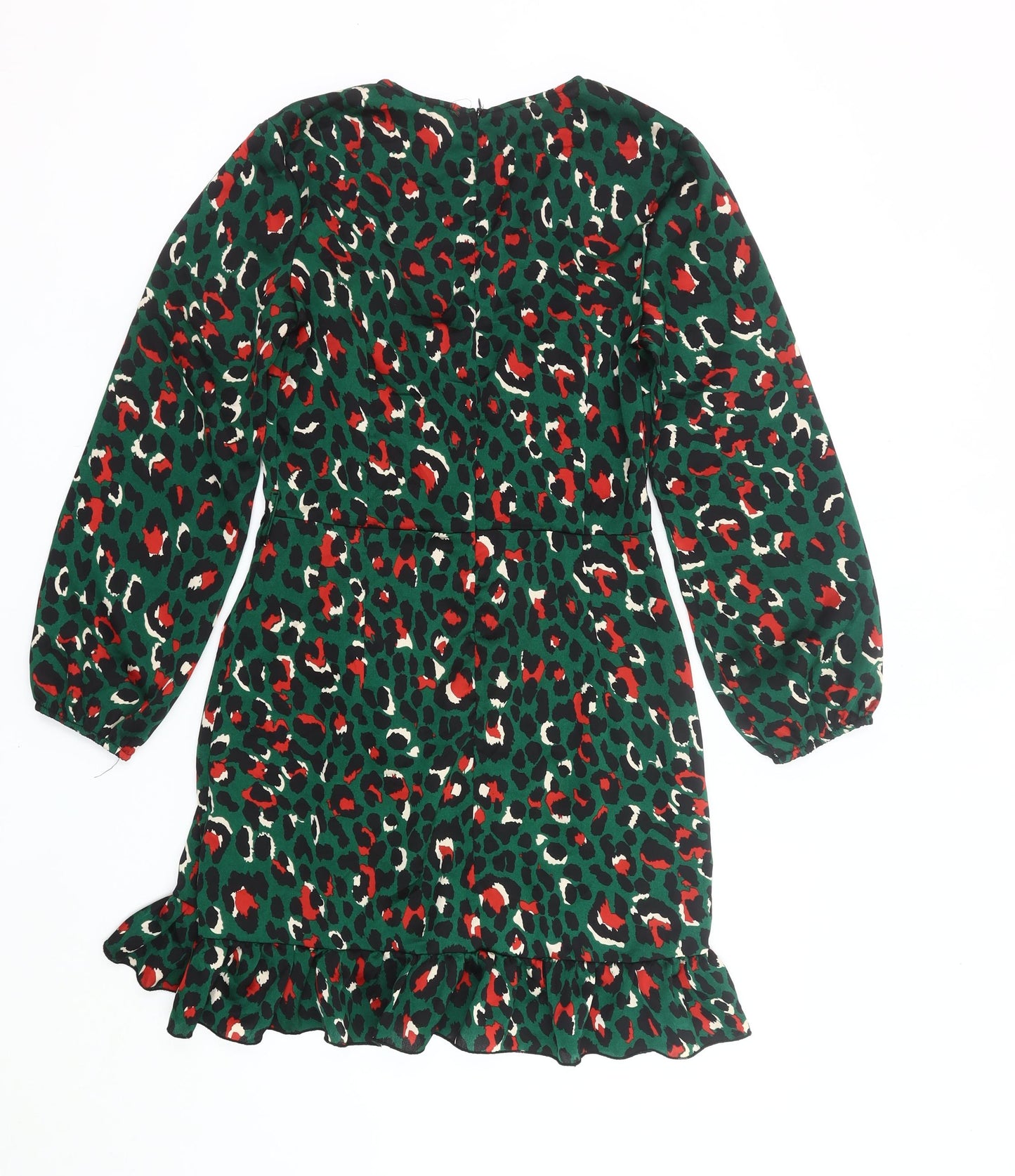 Quiz Womens Green Animal Print Wrap Dress Size 10 Ruffle Party
