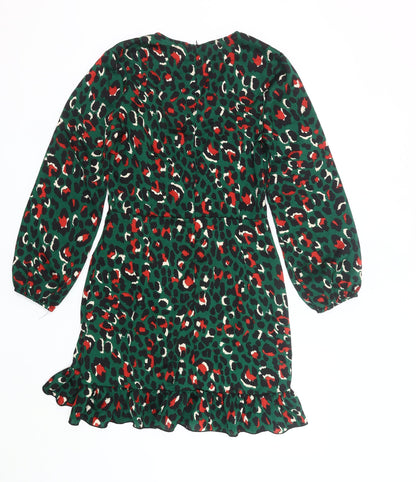 Quiz Womens Green Animal Print Wrap Dress Size 10 Ruffle Party