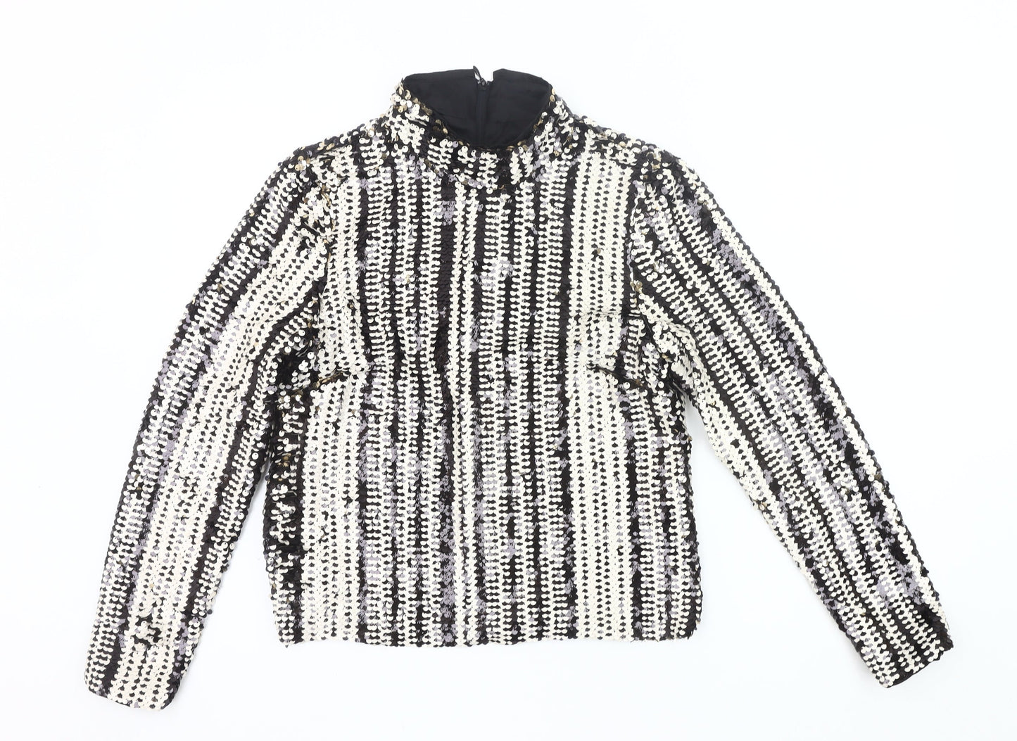 H&M Womens Black White Sequin Long Sleeve Tunic Blouse UK 12