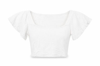 Lulus Women’s White Cropped Blouse Small Scoop Neck Flutter Sleeve