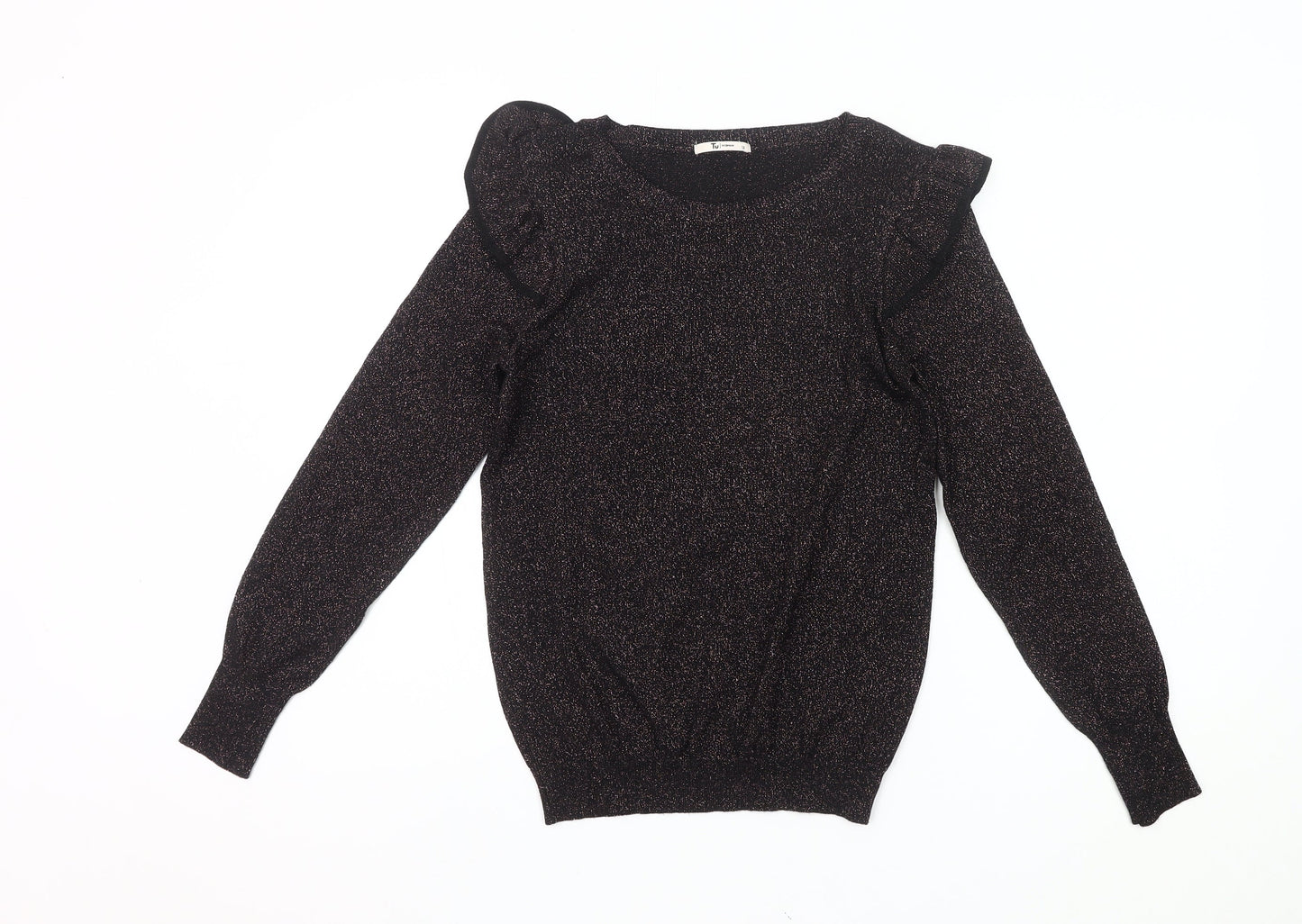 Tu Women Black Glitter Ruffle Jumper Size 12 Crew Neck Knit