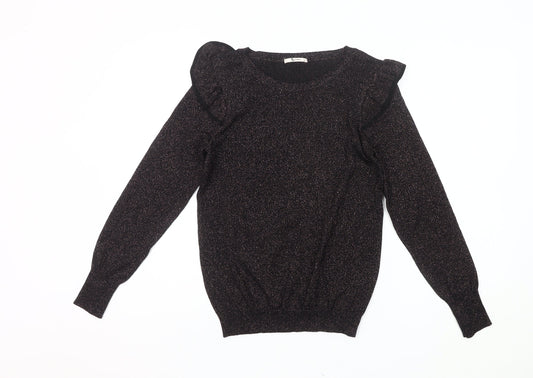 Tu Women Black Glitter Ruffle Jumper Size 12 Crew Neck Knit