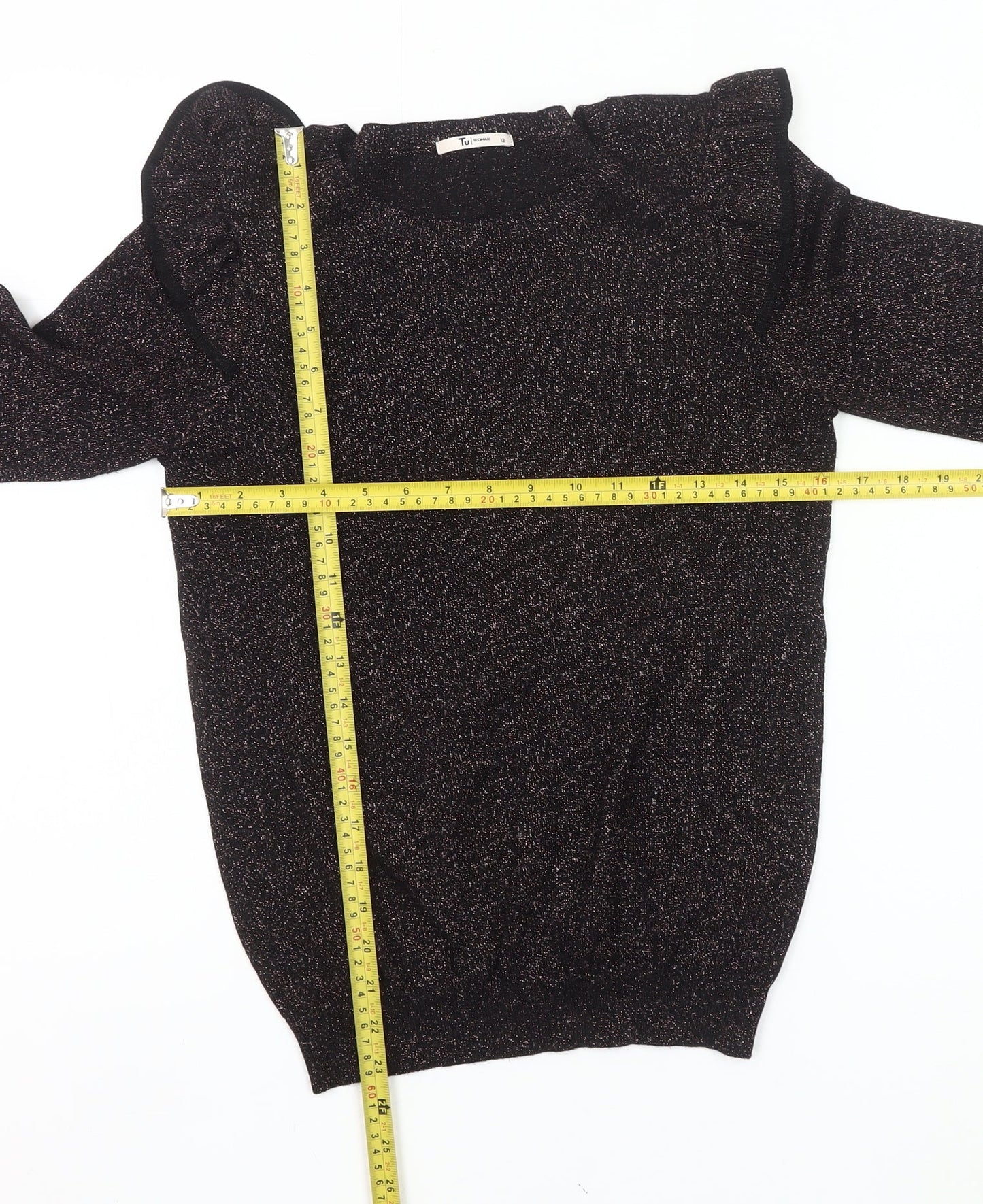 Tu Women Black Glitter Ruffle Jumper Size 12 Crew Neck Knit