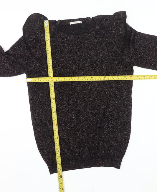Tu Women Black Glitter Ruffle Jumper Size 12 Crew Neck Knit