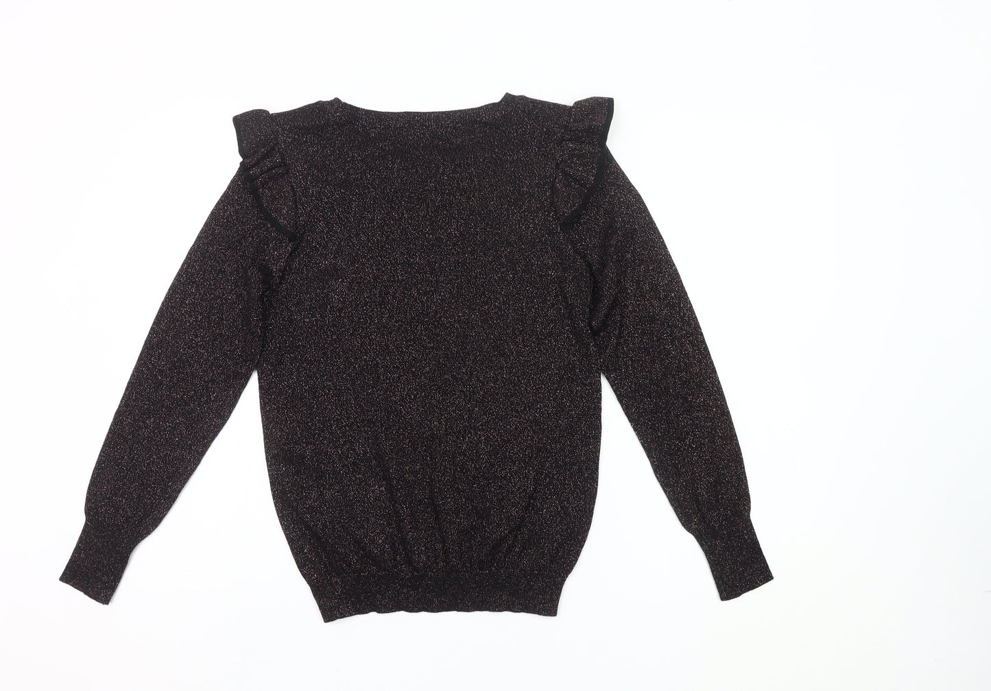 Tu Women Black Glitter Ruffle Jumper Size 12 Crew Neck Knit