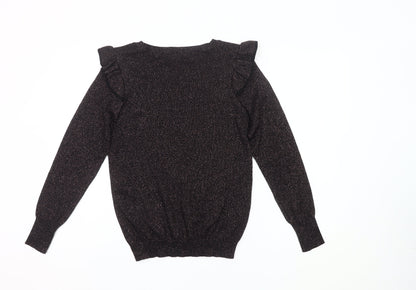 Tu Women Black Glitter Ruffle Jumper Size 12 Crew Neck Knit