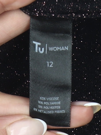 Tu Women Black Glitter Ruffle Jumper Size 12 Crew Neck Knit