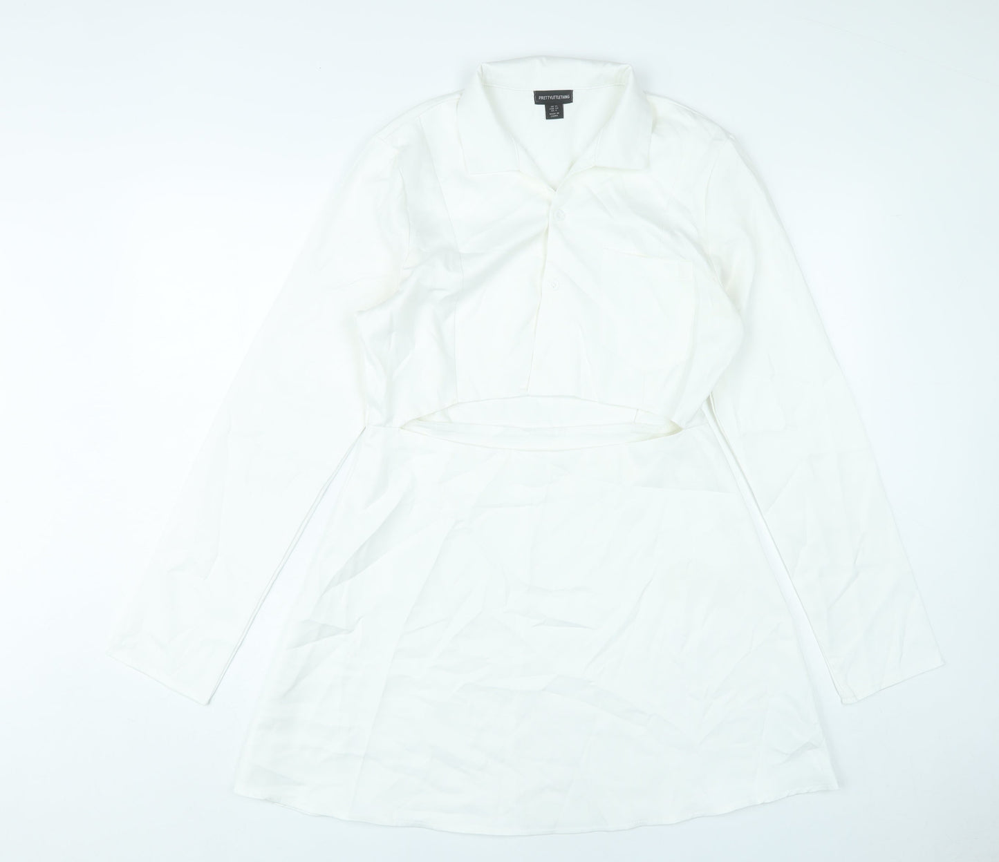 PrettyLittleThing Women White Size 12 Shirt Mini Dress Long Sleeve