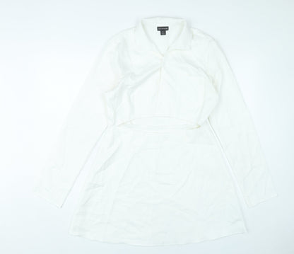 PrettyLittleThing Women White Size 12 Shirt Mini Dress Long Sleeve