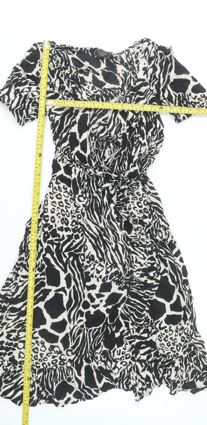 Lipsy Women’s Black Animal Print Wrap Dress UK 10 Viscose