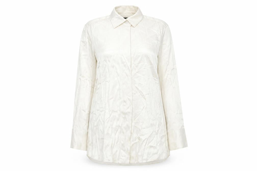 Front view of Massimo Dutti women’s ivory button-up shirt, size UK 12, long sleeve workwear