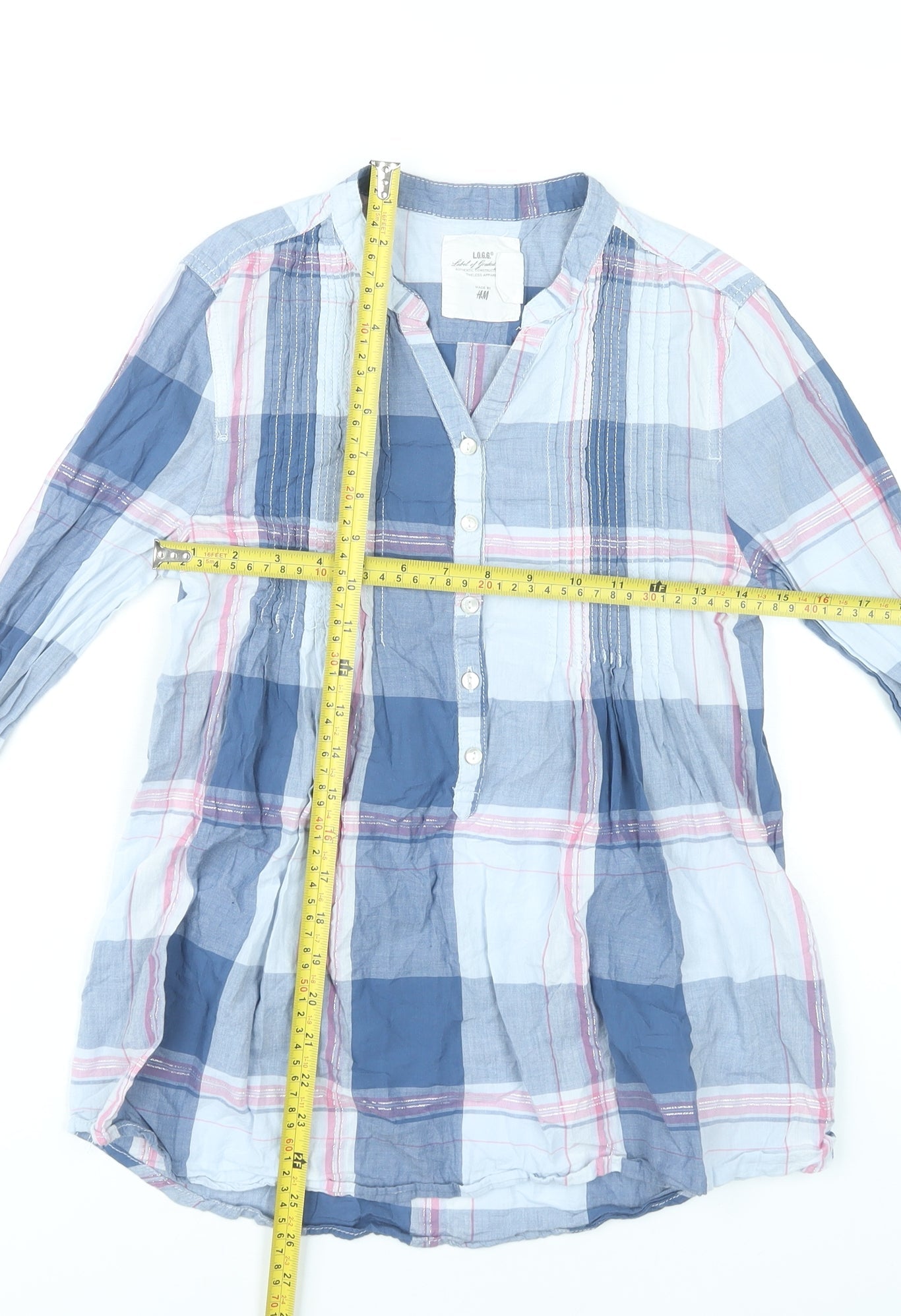 H&M Girls Blue Check Cotton Long Sleeve Blouse Shirt Size 16 Years