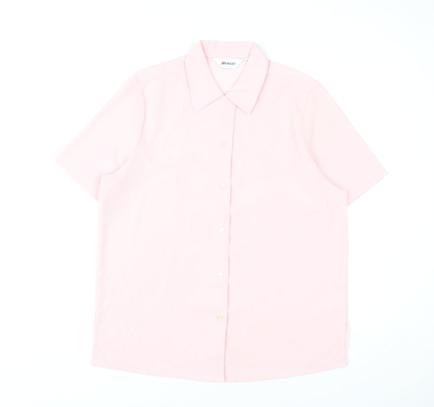 Damart Women’s Pink Button-Up Shirt Size 12 Collared Short Sleeve Polyester