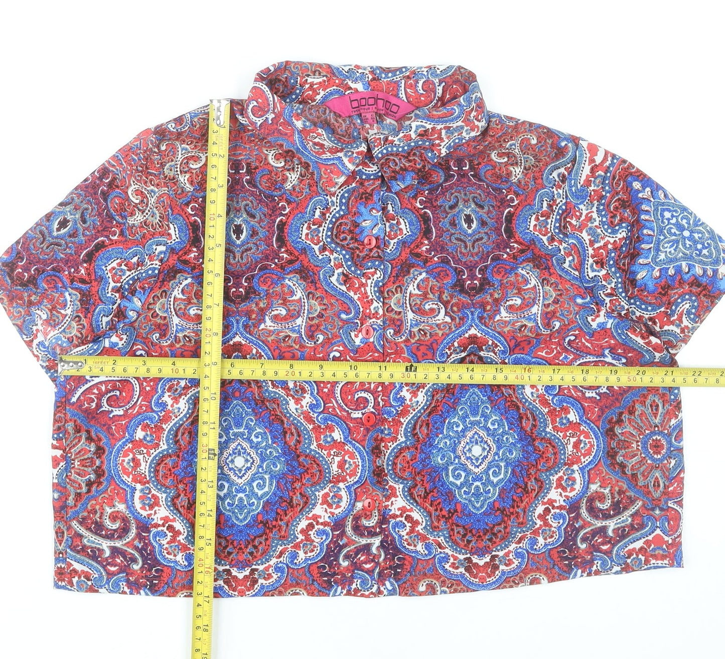 Boohoo Womens Multicoloured Paisley Blouse UK 12 Short Sleeve Cropped