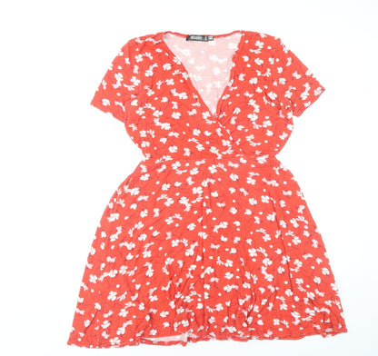 Missguided Women Red Floral Wrap Dress Size 14 Short Sleeve V-Neck