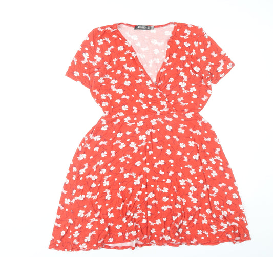 Missguided Women Red Floral Wrap Dress Size 14 Short Sleeve V-Neck
