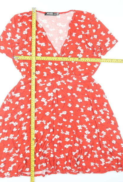 Missguided Women Red Floral Wrap Dress Size 14 Short Sleeve V-Neck