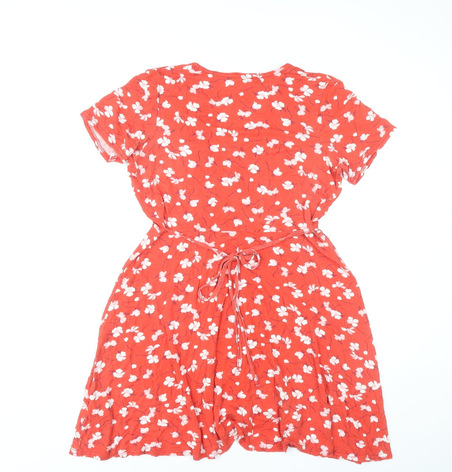 Missguided Women Red Floral Wrap Dress Size 14 Short Sleeve V-Neck