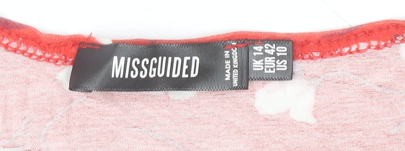 Missguided Women Red Floral Wrap Dress Size 14 Short Sleeve V-Neck