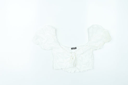 Boohoo Women White Cotton Cropped Puff Sleeve Blouse UK 10
