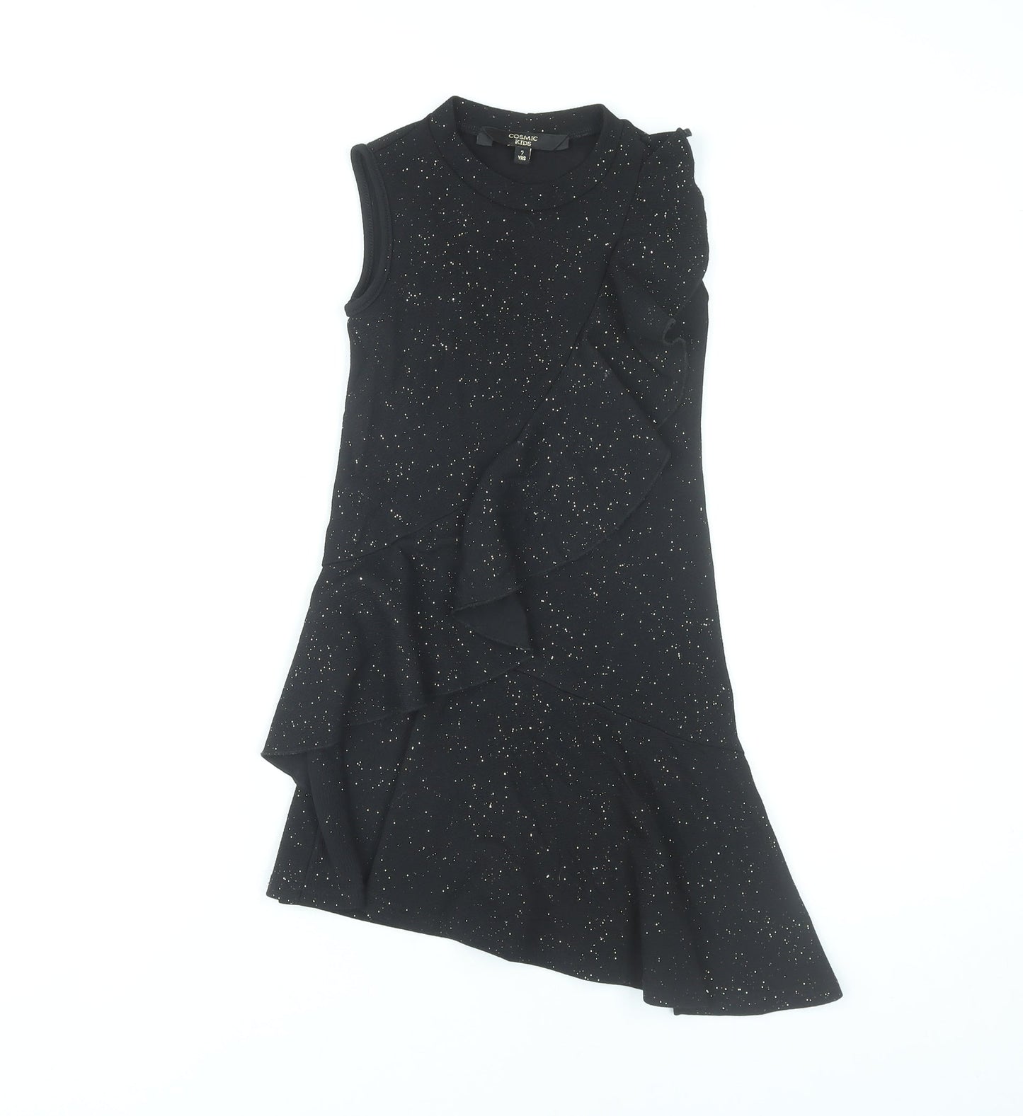 Cosmic Kids Girls Black Glitter Ruffle Party Dress 7 Years Sleeveless
