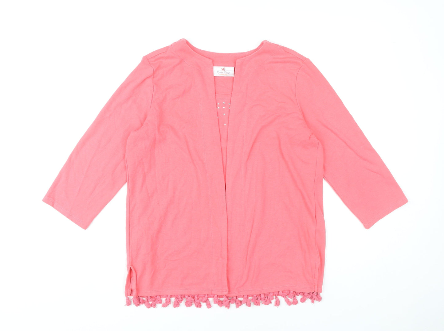 Quacker Factory Women’s Pink Fringe Tunic Blouse Size S 3/4 Sleeve