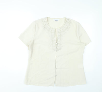 Damart Women’s Beige Embroidered Tunic Blouse Size 18 Short Sleeve