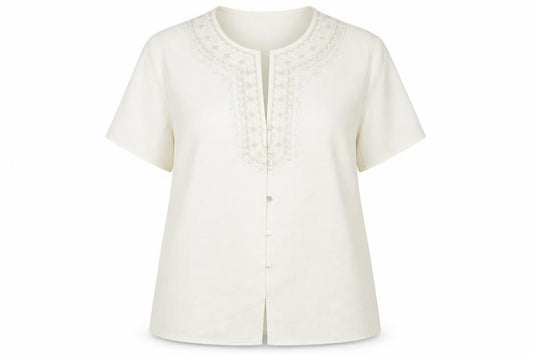 Damart Women’s Beige Embroidered Tunic Blouse Size 18 Short Sleeve