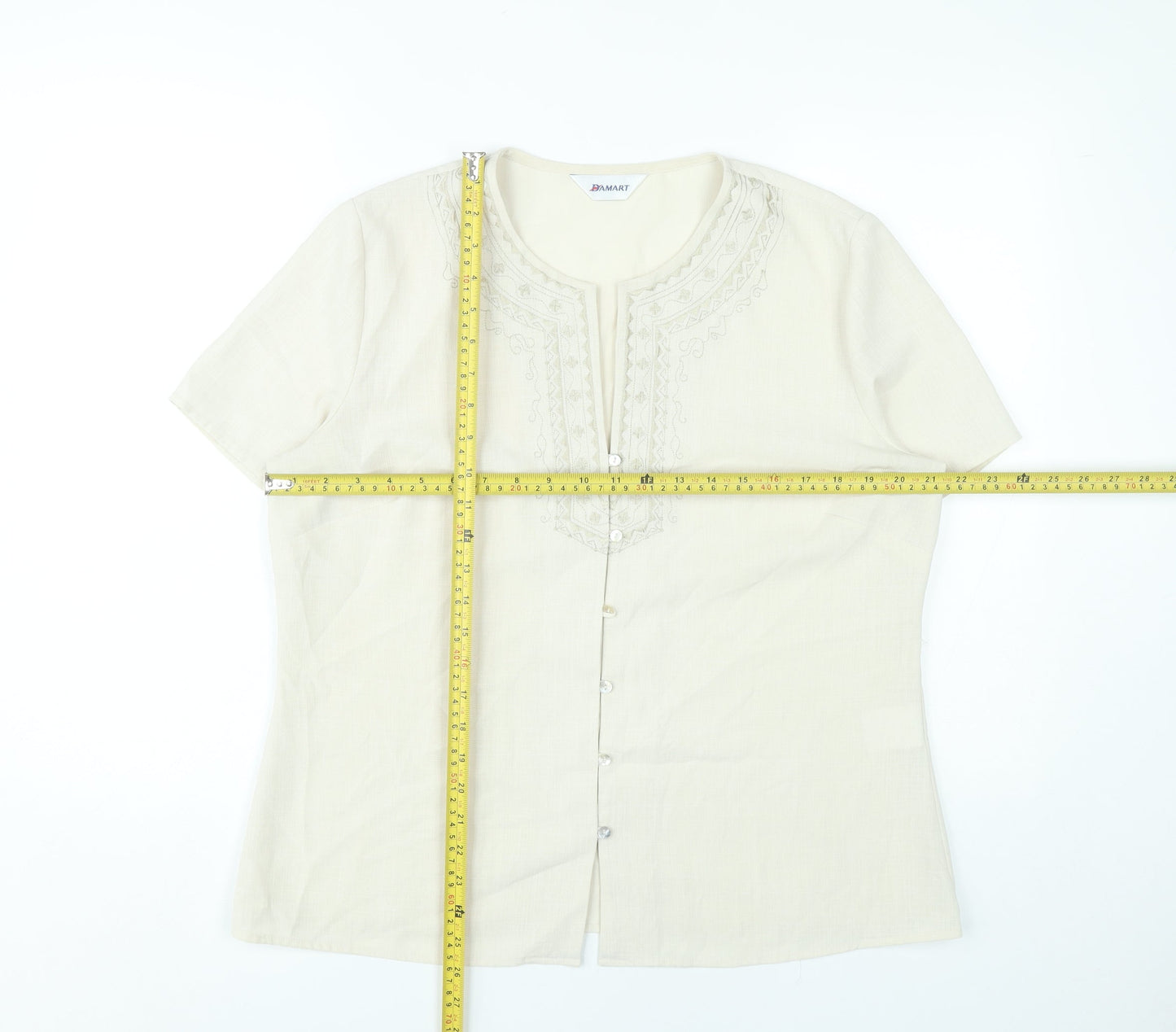Damart Women’s Beige Embroidered Tunic Blouse Size 18 Short Sleeve