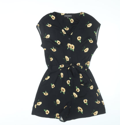 Dorothy Perkins Women’s Black Floral Playsuit Size 8 V-Neck Belted
