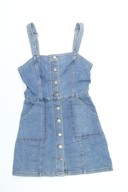DIVIDED Womens Blue Denim Pinafore Mini Dress Size 10