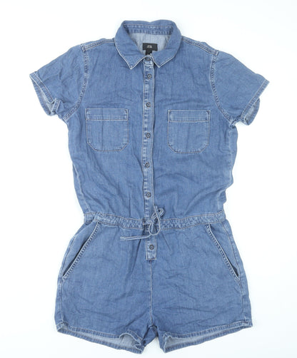 River Island Women’s Blue Denim Cotton Playsuit UK 10 Short Sleeve Collared