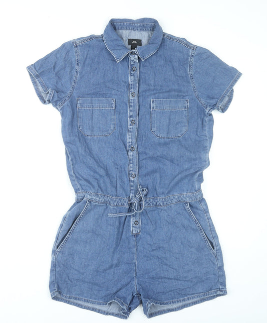 River Island Women’s Blue Denim Cotton Playsuit UK 10 Short Sleeve Collared
