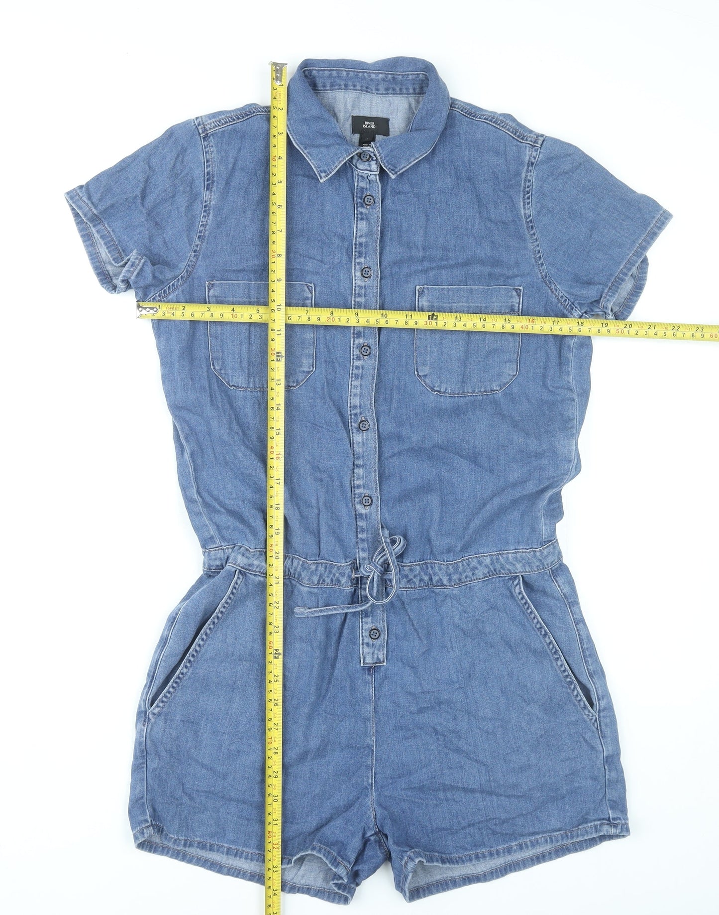 River Island Women’s Blue Denim Cotton Playsuit UK 10 Short Sleeve Collared