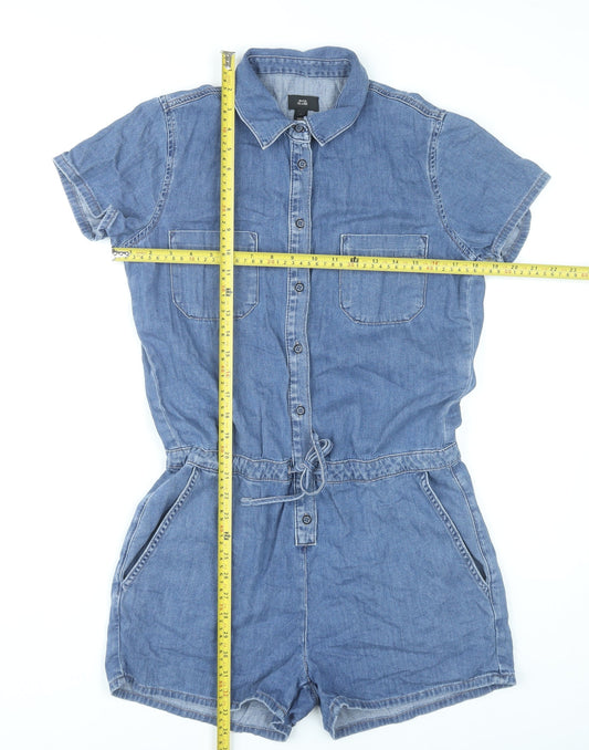 River Island Women’s Blue Denim Cotton Playsuit UK 10 Short Sleeve Collared