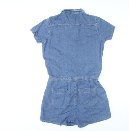 River Island Women’s Blue Denim Cotton Playsuit UK 10 Short Sleeve Collared