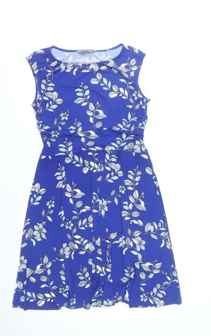 Jacqui E Women’s Blue Floral Sleeveless A-Line Knee Length Dress S
