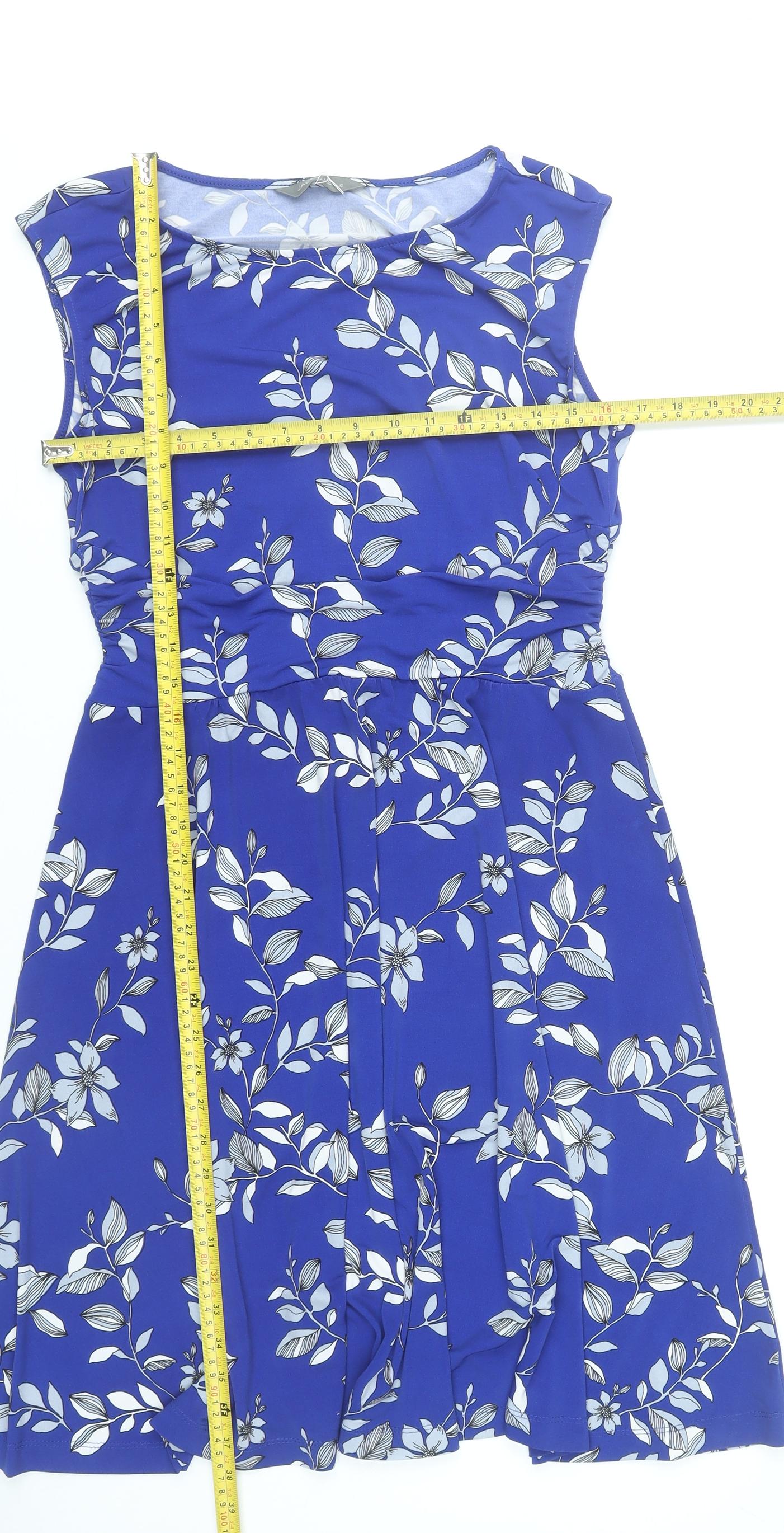 Jacqui E Women’s Blue Floral Sleeveless A-Line Knee Length Dress S